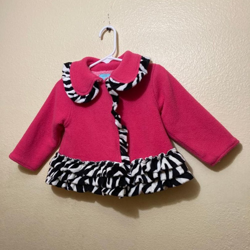 Mud Pie Baby Pink/Zebra Print Fleece Snap Button Jacket Coat Size 12-18 Months.